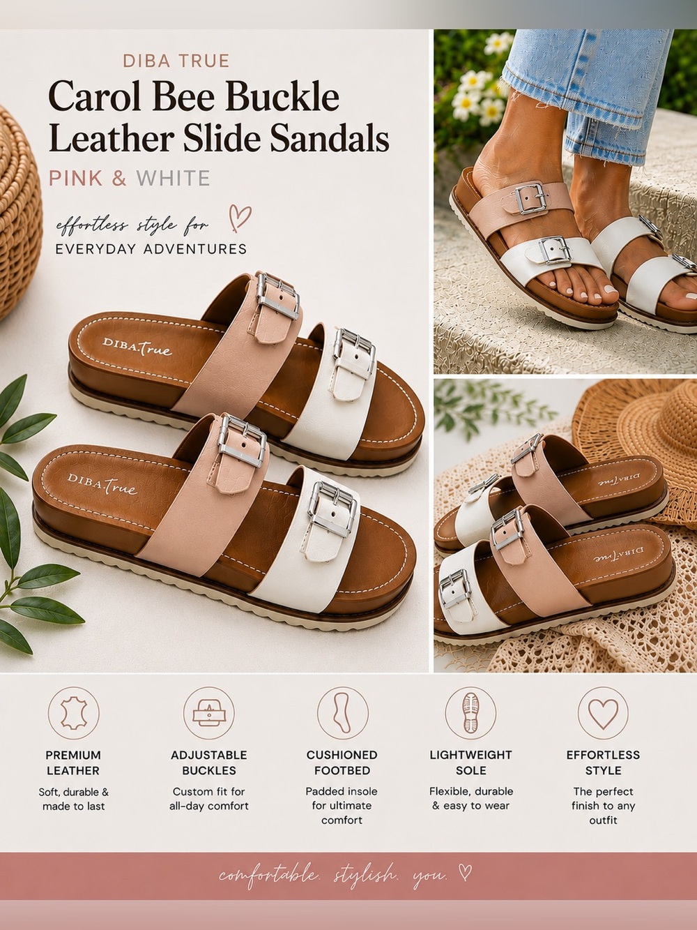 Diba True Carol Bee Buckle Leather Slide Sandals Pink White Size 8.5